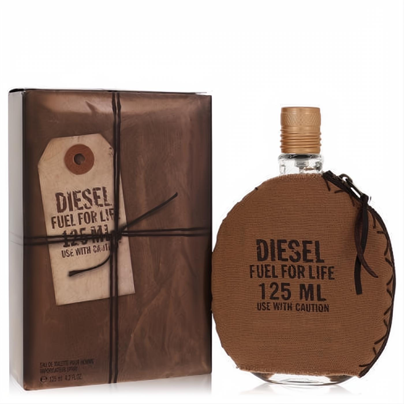 Diesel Fuel For Life 125ml EDT for men. Distinctive bottle with a brown suede-like cover and rustic paper-wrapped box.
