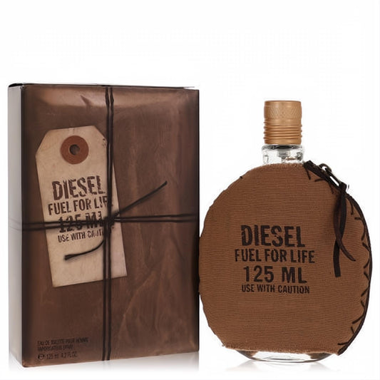 Diesel Fuel For Life 125ml EDT for men. Distinctive bottle with a brown suede-like cover and rustic paper-wrapped box.