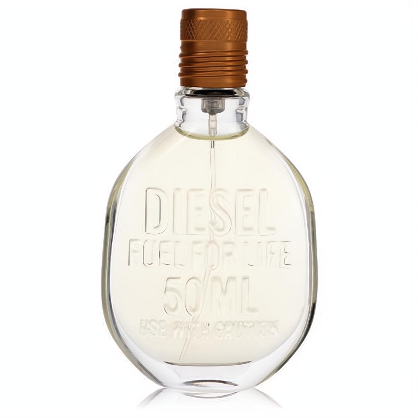 Elevate your scent with Diesel Fuel For Life 1.7 oz men's EDT. Clear glass bottle, bold branding, and a distinctive bronze cap.