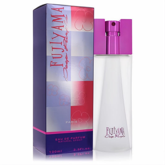 Succes De Paris Fujiyama Deep Purple 3.4 oz EDP. Elegant frosted glass bottle with a vibrant purple cap and matching decorative box.