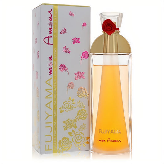 Succes De Paris Fujiyama Mon Amour 3.4 oz EDP. Clear bottle, amber fragrance, gold cap with red rose, elegant floral box.