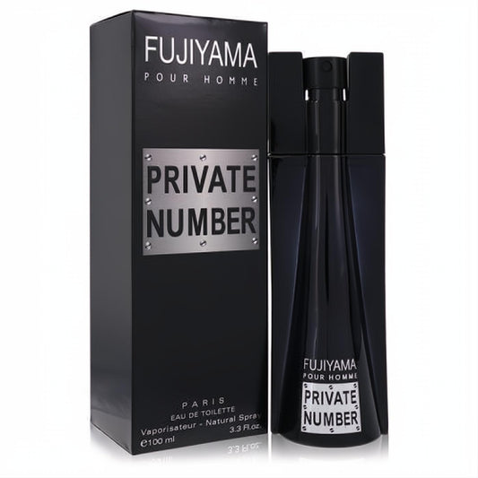 Sophisticated black Fujiyama Private Number 3.3 oz men's cologne spray. Sleek textured bottle and elegant matching box.