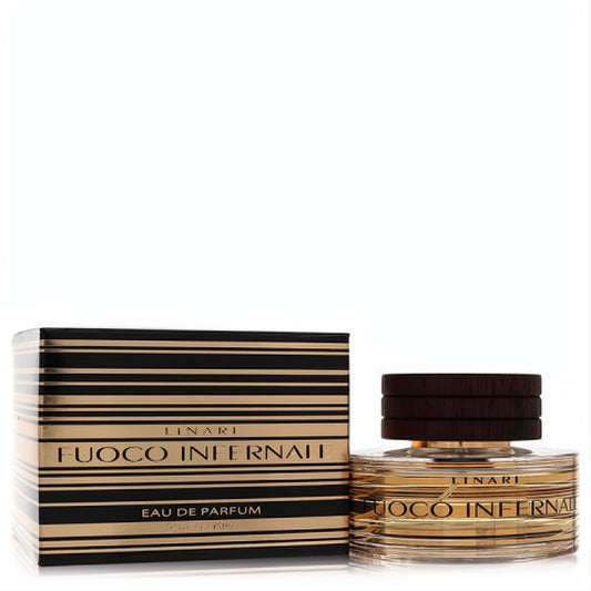Elegant Linari Fuoco Infernale Eau De Parfum. Clear glass bottle with golden liquid, dark wood cap, and sleek black and gold striped box.