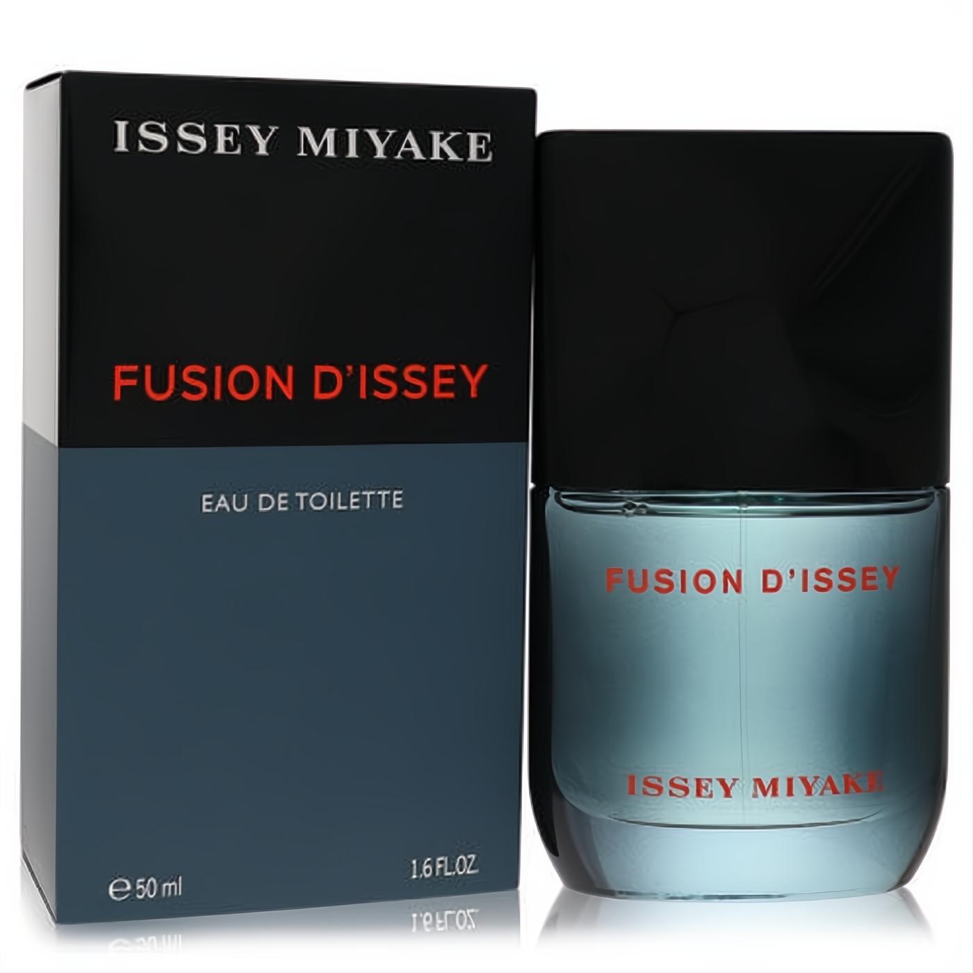 Issey Miyake Fusion D'Issey 50ml Eau De Toilette spray. Masculine blue glass bottle, black cap, and sleek black/blue box.