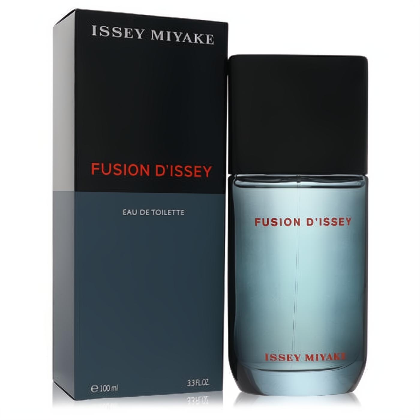 Fusion D'Issey by Issey Miyake 3.3 oz EDT. Sleek blue-grey glass bottle with black cap, red text, and matching modern black & blue box.