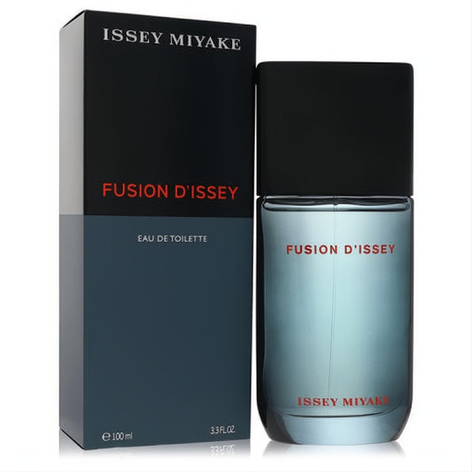 Fusion D'Issey by Issey Miyake 3.3 oz EDT. Sleek blue-grey glass bottle with black cap, red text, and matching modern black & blue box.