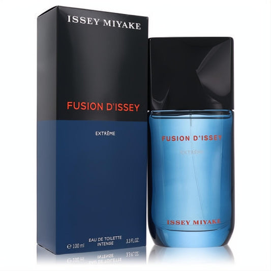 Issey Miyake Fusion D'issey Extreme 3.3 oz men's cologne. Bold blue glass bottle with black cap, displayed with its sleek black and blue box.