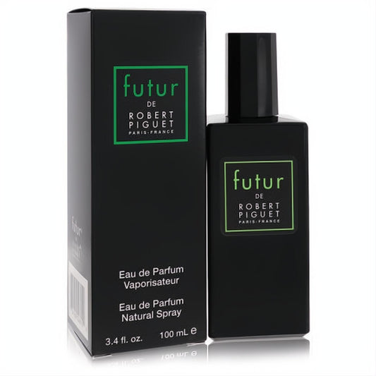 Sophisticated black Futur by Robert Piguet 3.4 oz Eau de Parfum spray bottle and box, accented with a striking green logo.