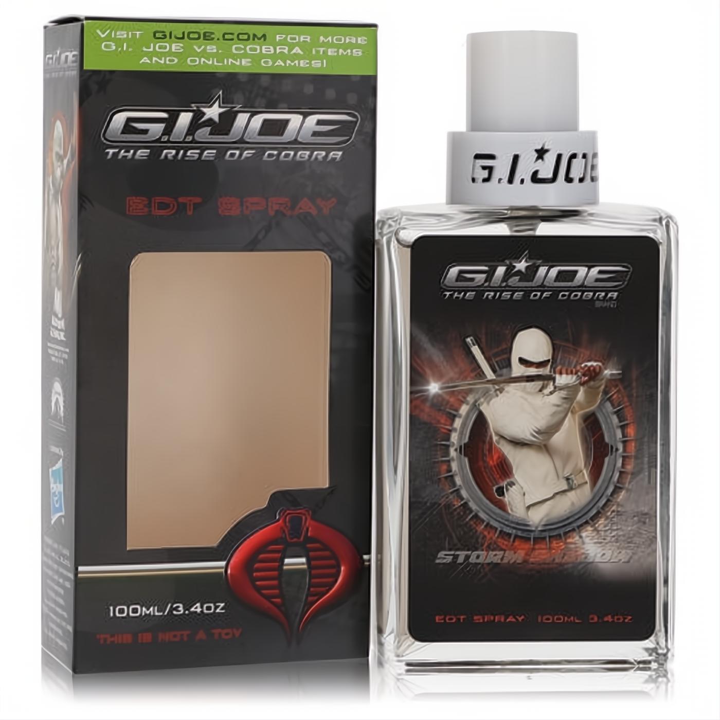 GI Joe Cobra 3.4oz EDT spray. Clear glass bottle with dynamic Storm Shadow art, white cap, and sleek black box featuring the iconic Cobra logo.