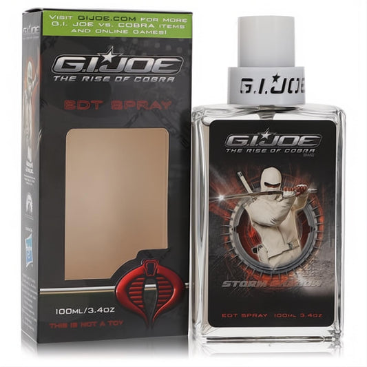 GI Joe Cobra 3.4oz EDT spray. Clear glass bottle with dynamic Storm Shadow art, white cap, and sleek black box featuring the iconic Cobra logo.