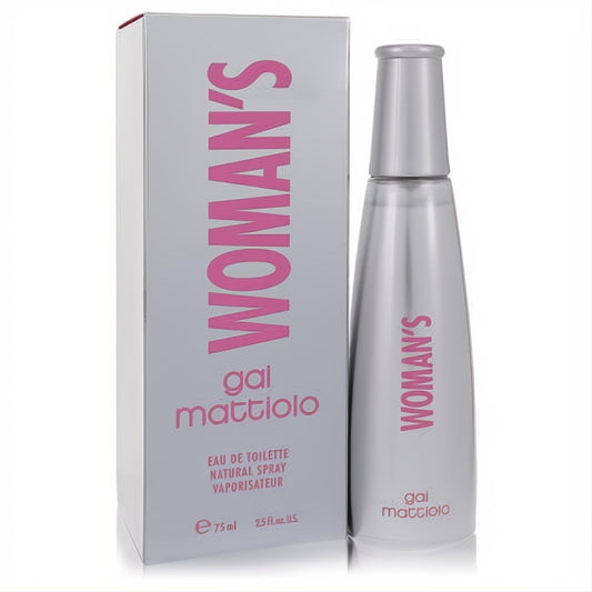 Elegant Gai Mattiolo Woman's 2.5 oz Eau De Toilette spray. Sleek silver bottle with pink branding, presented with its stylish white box.