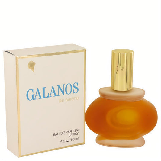 Galanos De Serene 2 oz Eau de Parfum spray. Elegant frosted amber bottle with a radiant gold cap, next to its classic white and gold box.