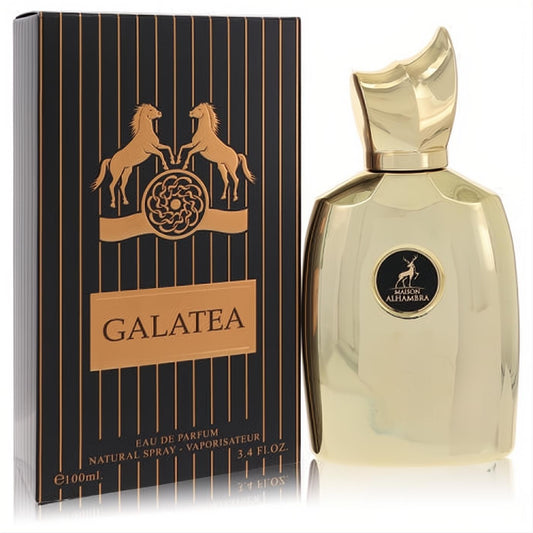 Luxurious Galatea Maison Alhambra 3.4 oz gold perfume bottle with a unique sculpted cap and elegant black striped box.