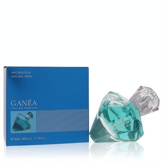 Ganea 1.7 oz women's Eau De Parfum. Distinctive aqua faceted glass bottle with clear crystal cap and elegant blue box.