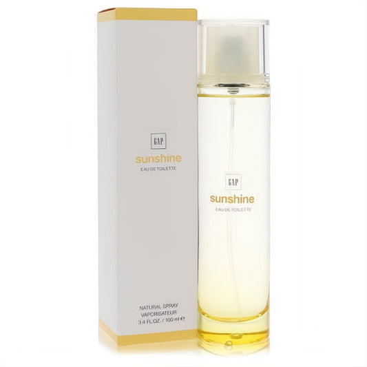 Gap Sunshine 3.4 oz EDT spray. Radiant golden liquid in a sleek clear bottle, paired with its elegant white and gold box.