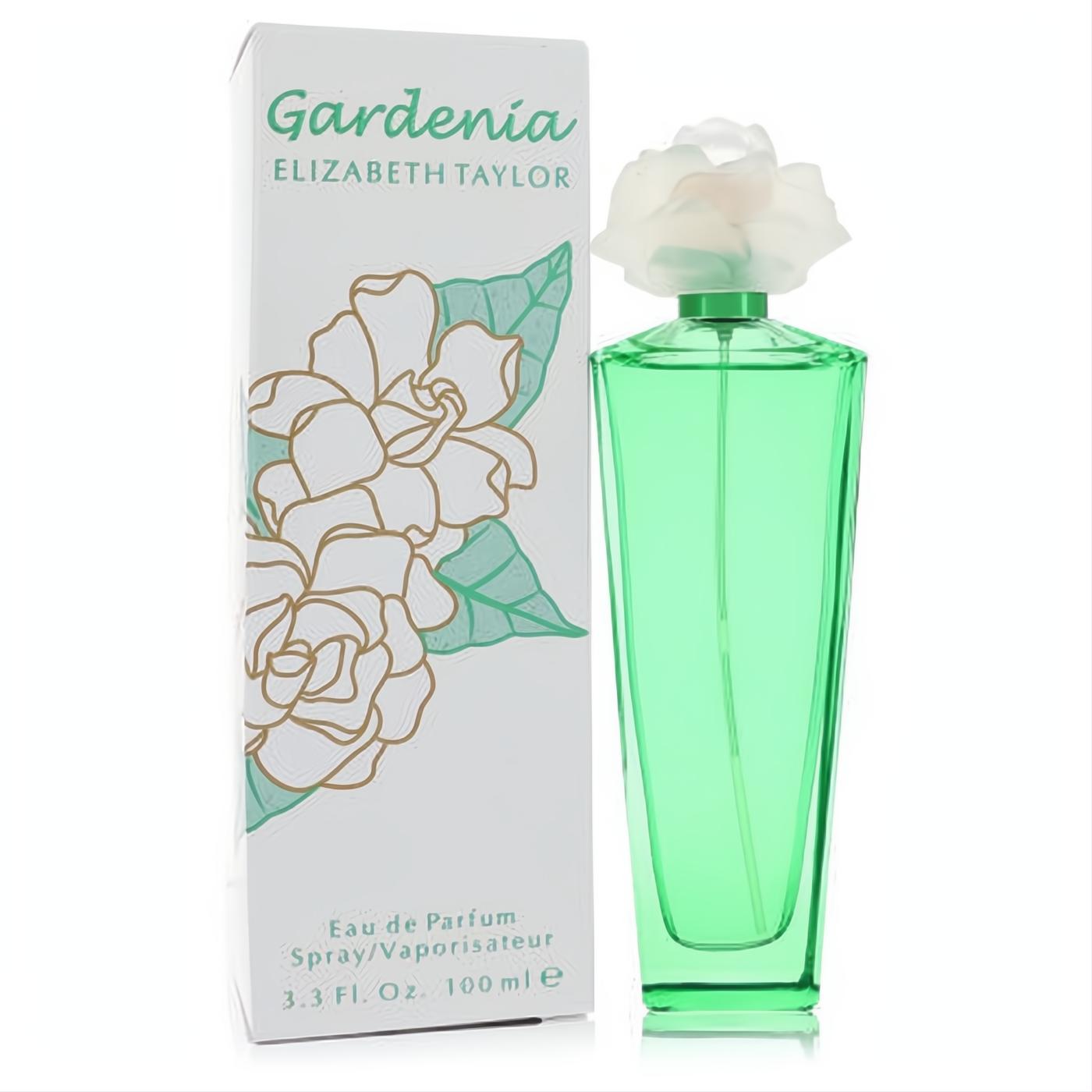 Experience Gardenia Elizabeth Taylor 3.3 oz EDP. Features a stunning green bottle with a sculpted white gardenia cap and elegant floral box.
