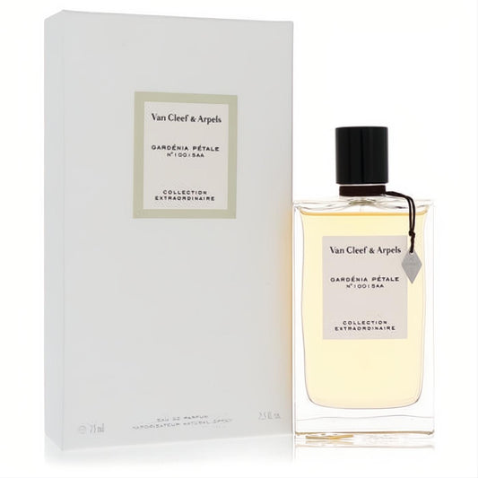 Discover Van Cleef & Arpels Gardenia Petale 2.5 oz EDP. Clear bottle, golden liquid, black cap, elegant white box.