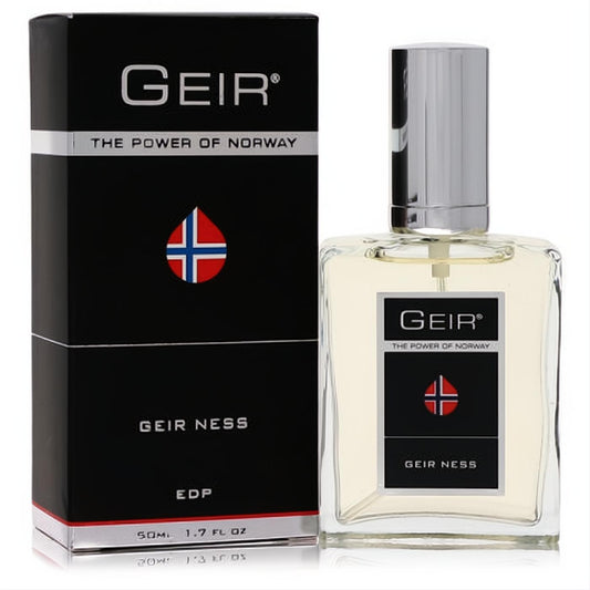 Geir by Geir Ness 1.7 oz EDP. Elegant clear glass bottle with silver cap and sleek black box, showcasing Norwegian design.