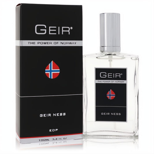 Sophisticated Geir by Geir Ness 3.4 oz Eau De Parfum in a clear glass spray bottle with silver cap and black box, featuring the Norwegian flag.
