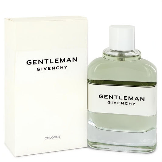 Sophisticated Givenchy Gentleman Cologne: clear glass bottle with fresh green liquid, white cap, and elegant cream box.