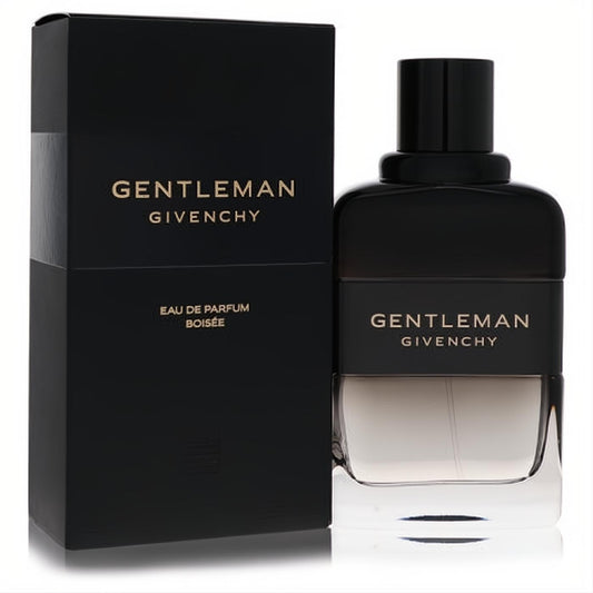 Modern Givenchy Gentleman Boisee 3.3 oz EDP. Sleek black bottle with clear base, visible liquid, and elegant branded box.