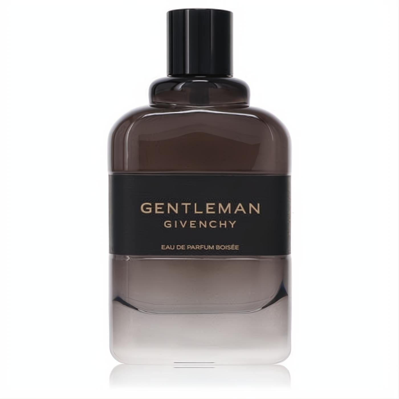 Givenchy Gentleman Boisee 3.3 oz Eau De Parfum. Sleek dark glass bottle with black label and gold lettering.