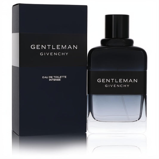 Elegant Givenchy Gentleman Intense men's cologne in a sleek dark navy glass bottle with black cap and matching box.
