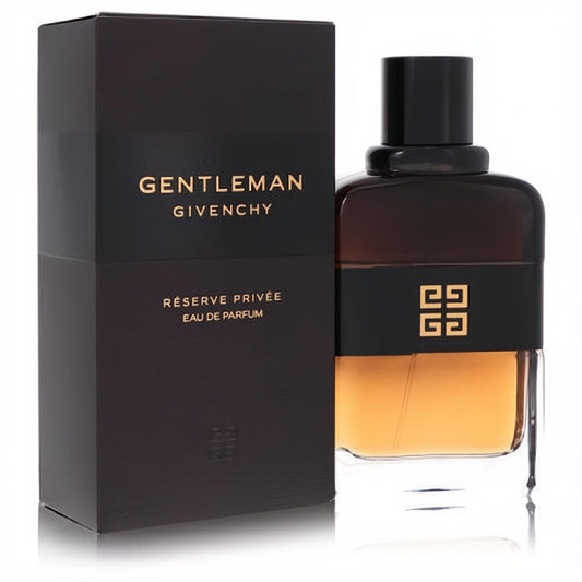 Sophisticated Givenchy Gentleman Reserve Privee EDP. Dark brown glass bottle with amber liquid, gold logo band, and elegant matte dark box.