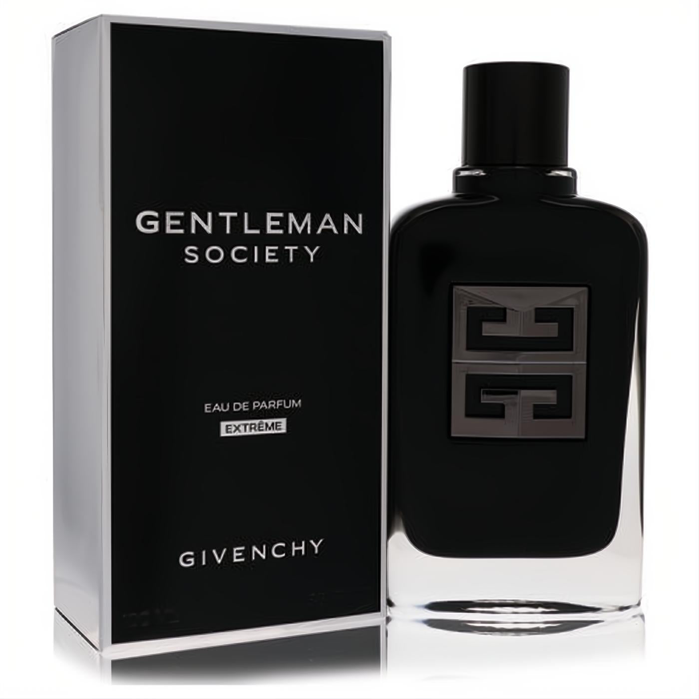 Givenchy Gentleman Society Extreme 3.4 oz men's cologne. Bold black bottle with a striking gunmetal GG logo and elegant black box.