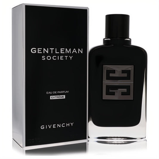 Givenchy Gentleman Society Extreme 3.4 oz men's cologne. Bold black bottle with a striking gunmetal GG logo and elegant black box.