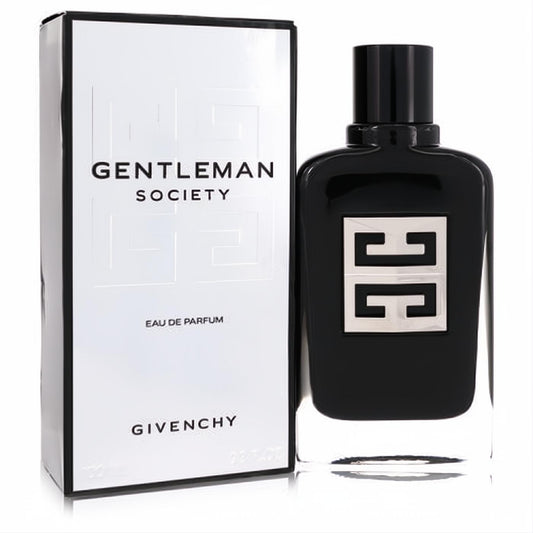 Experience Gentleman Society Givenchy Eau De Parfum. Bold black 3.3 oz bottle with iconic silver 4G logo, beside its crisp white box.