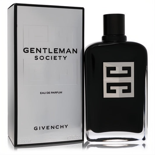 Experience Givenchy Gentleman Society 6.7 oz EDP. Bold black bottle with iconic silver logo, presented with its sophisticated white box.