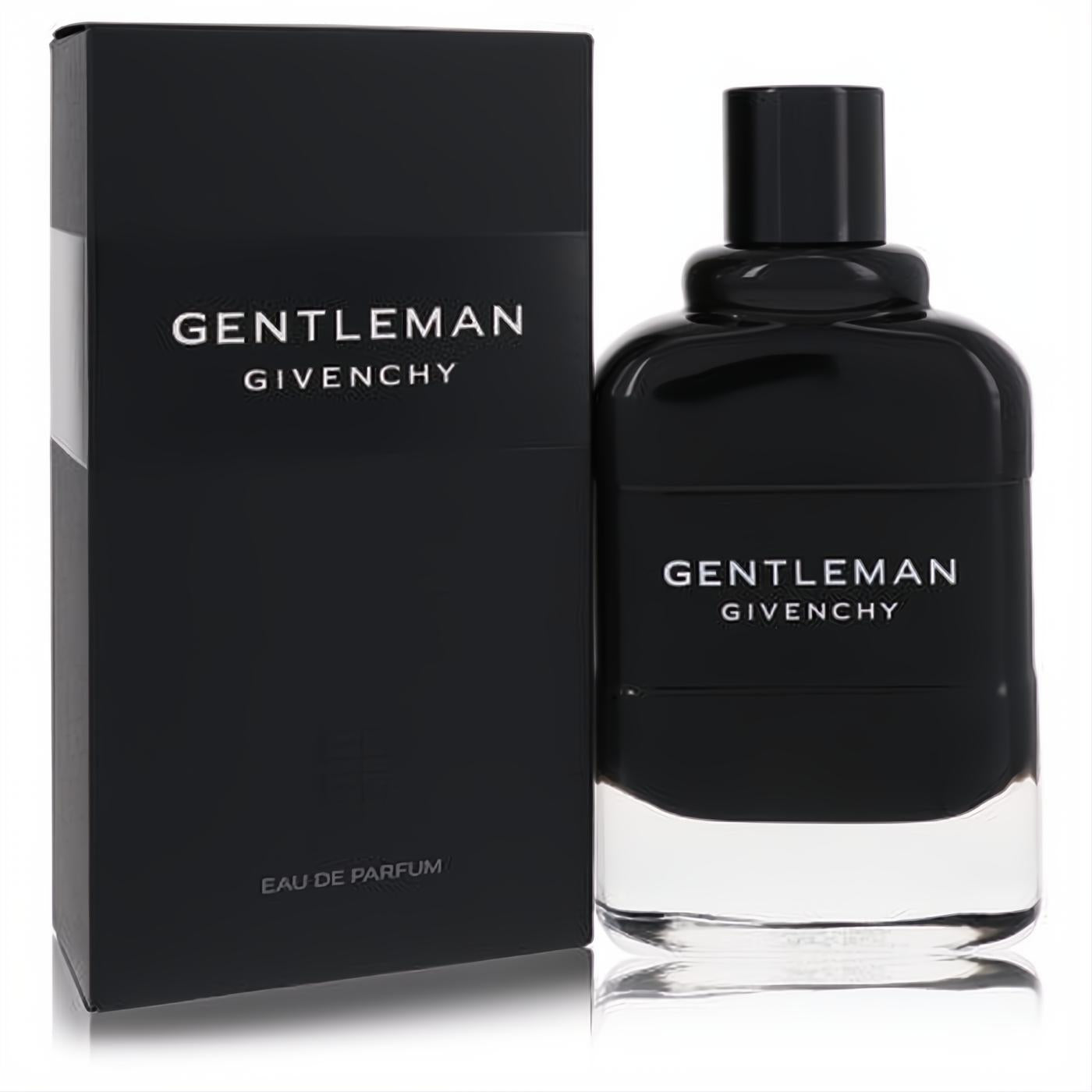 Discover Givenchy Gentleman Eau De Parfum. Sleek black bottle with clear base and matching box, featuring crisp white branding.