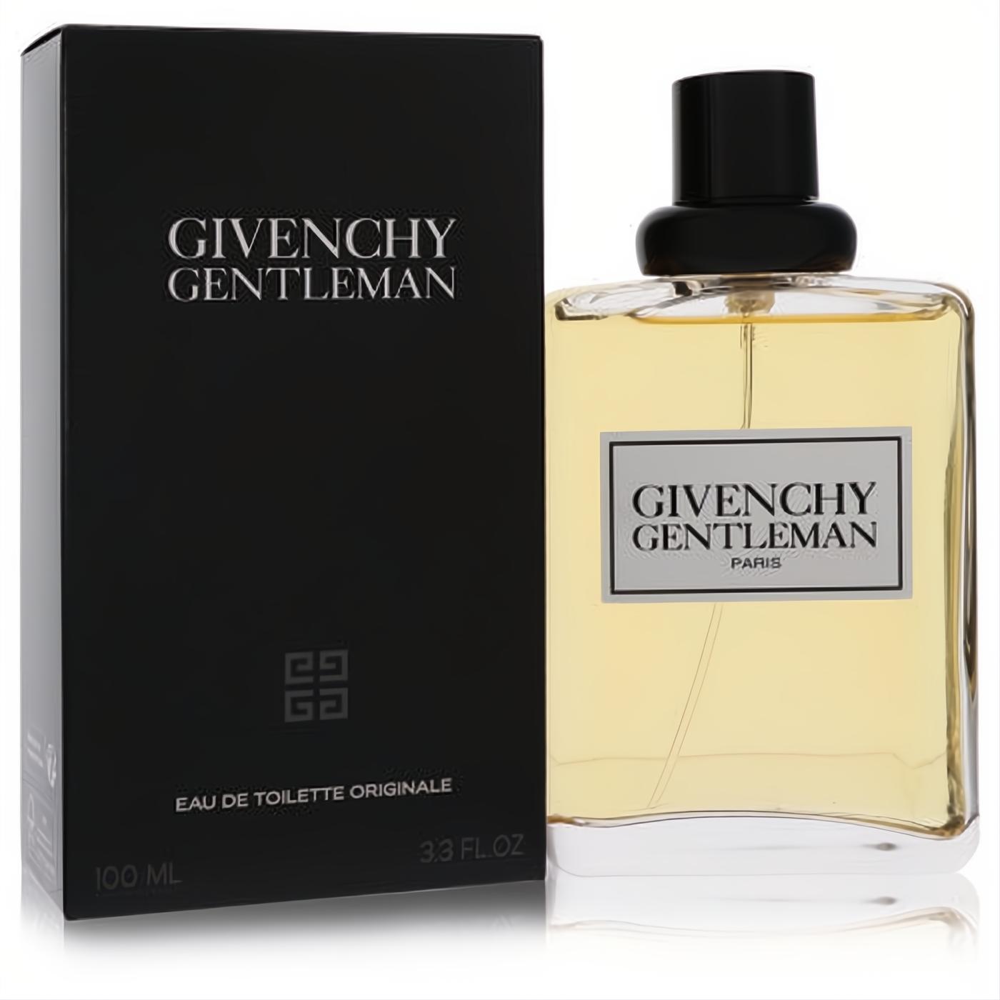 Sophisticated Givenchy Gentleman EDT 3.3 oz. Clear glass bottle with warm amber fragrance, elegant black cap, and matching matte black box.
