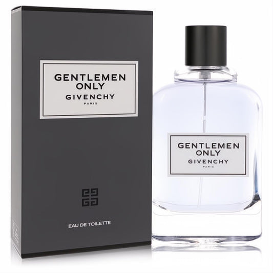 Givenchy Gentlemen Only EDT. Clear glass bottle with black cap and elegant dark grey box featuring the iconic logo.