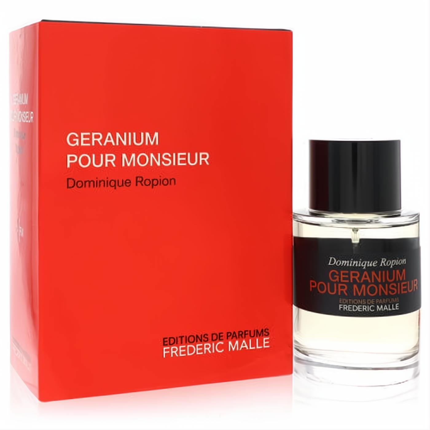 Frederic Malle Geranium Pour Monsieur 3.4 oz EDP. Elegant clear glass bottle, black cap, and striking red box.