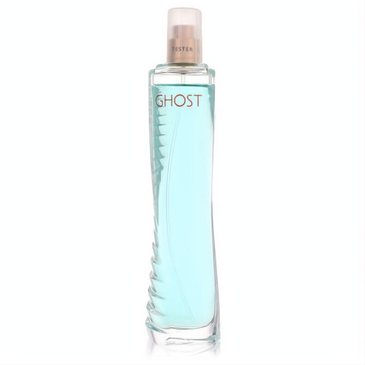 Ghost Captivating Eau De Toilette Tester: elegant clear glass bottle, light blue fragrance, unique wavy design. 2.5 oz.
