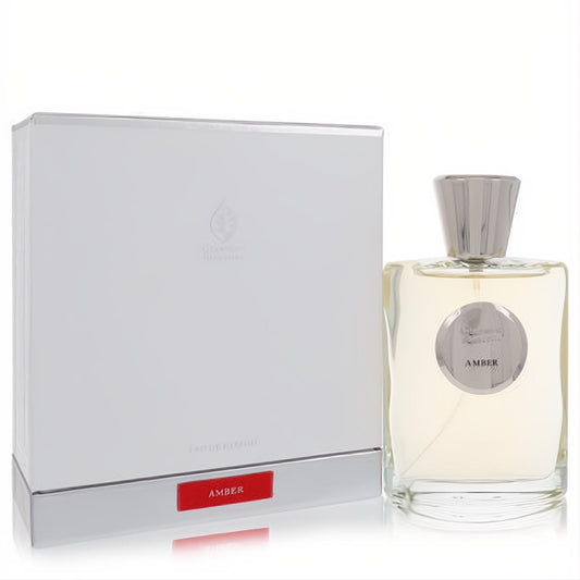 Elegant Giardino Benessere Amber Eau De Parfum in a clear wavy glass bottle with silver cap, beside its luxurious white box with red 'AMBER' label.