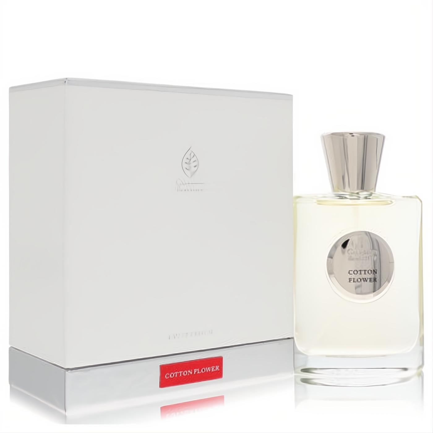 Elegant Giardino Benessere Cotton Flower unisex EDP, 3.4 oz. Clear glass bottle with silver cap and sophisticated white box featuring a red label.