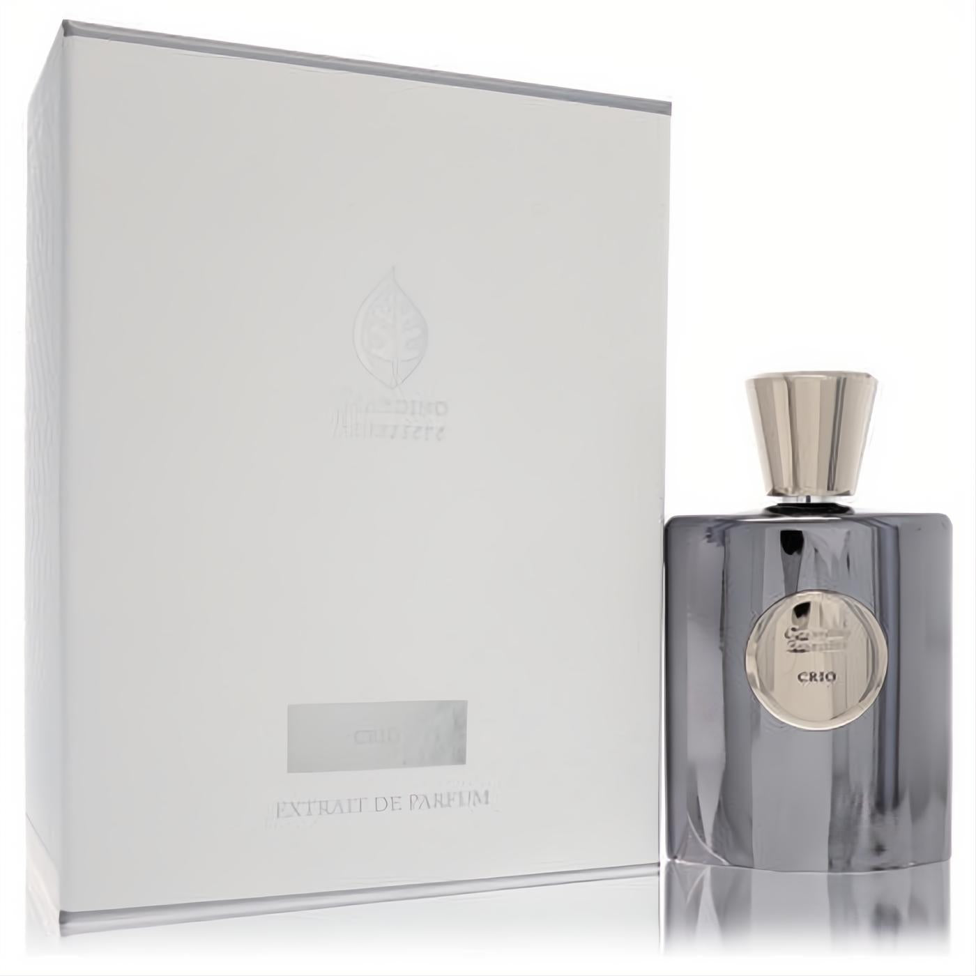 Luxurious Giardino Benessere Crio 3.4 oz unisex extrait de parfum. Sleek metallic grey bottle with elegant silver ribbed cap.