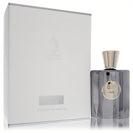 Luxurious Giardino Benessere Crio 3.4 oz unisex extrait de parfum. Sleek metallic grey bottle with elegant silver ribbed cap.