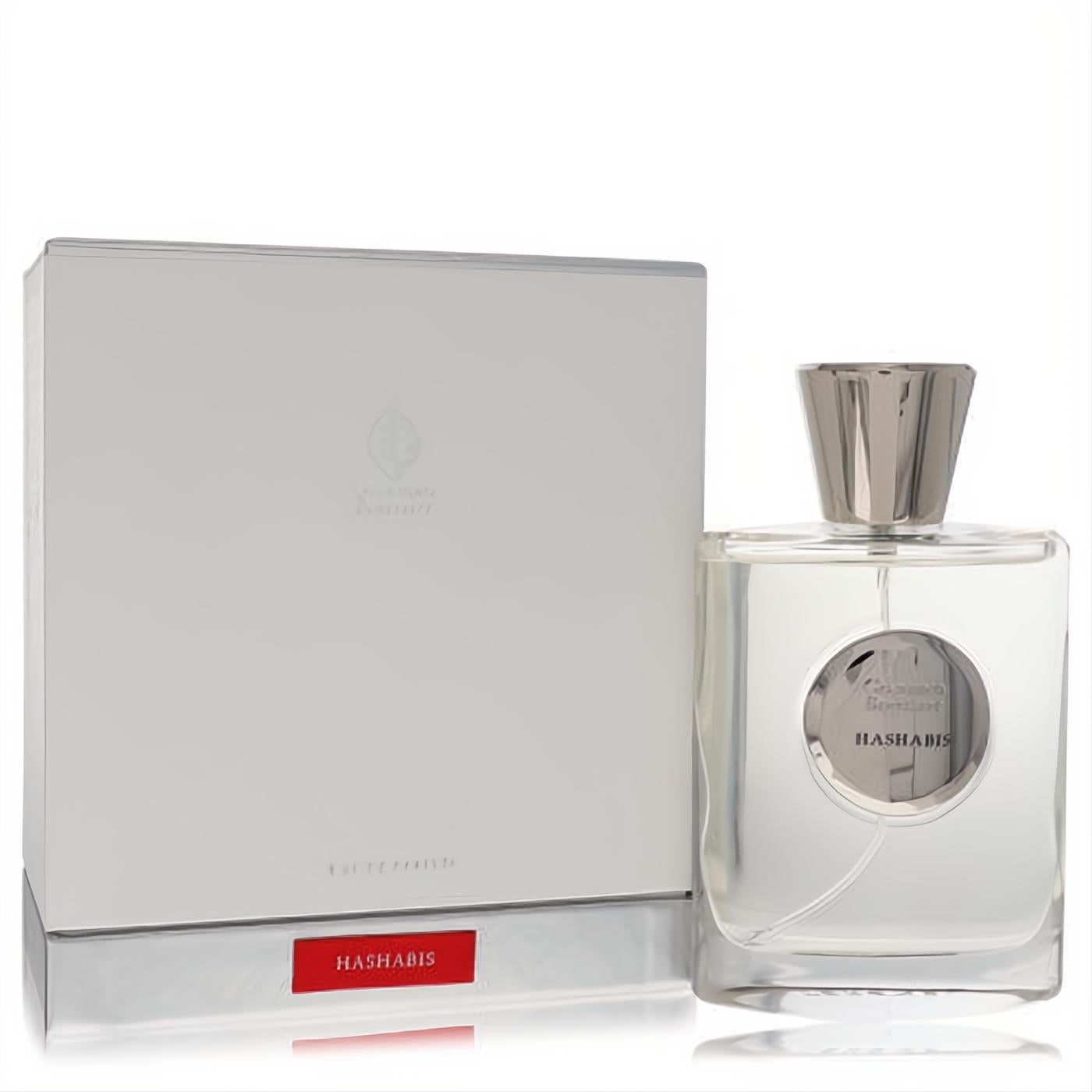 Luxurious Giardino Benessere Hashabis 3.4 oz unisex EDP spray. Clear glass bottle, unique silver cap, and sleek matte silver box with red accent.