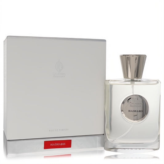 Luxurious Giardino Benessere Hashabis 3.4 oz unisex EDP spray. Clear glass bottle, unique silver cap, and sleek matte silver box with red accent.