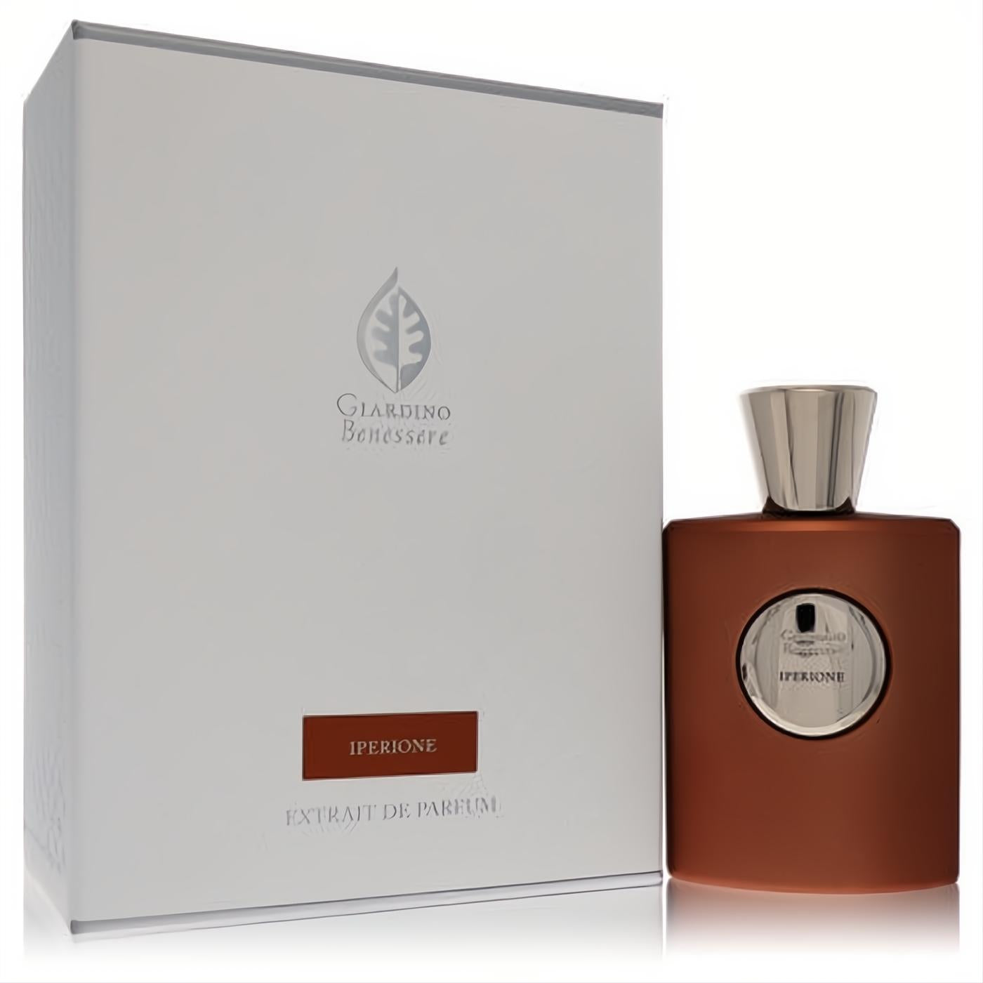 Luxurious Giardino Benessere Iperione 3.4 oz extrait de parfum, featuring a sleek matte terracotta bottle and elegant white box.