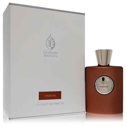 Luxurious Giardino Benessere Iperione 3.4 oz extrait de parfum, featuring a sleek matte terracotta bottle and elegant white box.