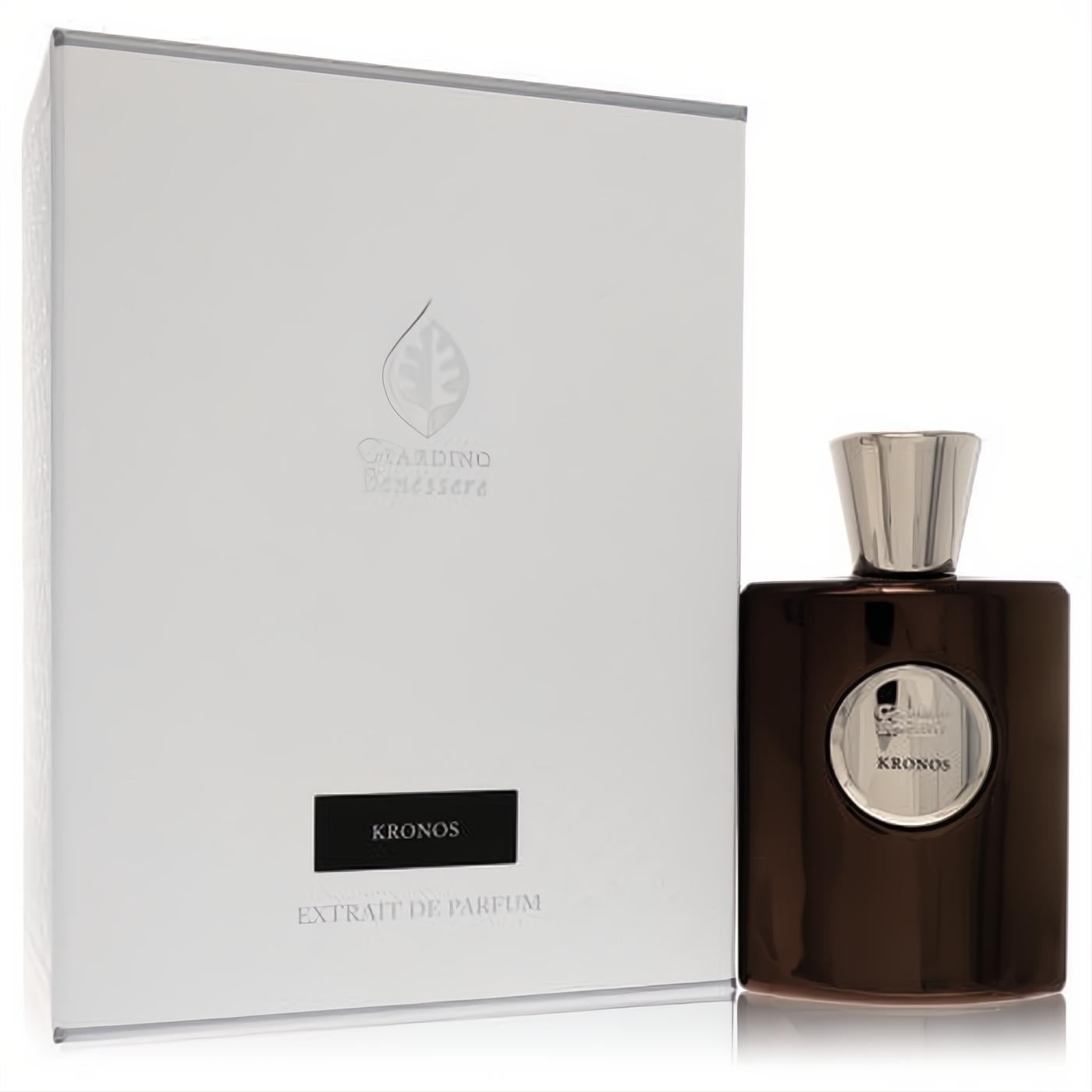 Giardino Benessere Kronos Extrait De Parfum. Sleek dark brown bottle, silver ribbed cap, elegant white box.