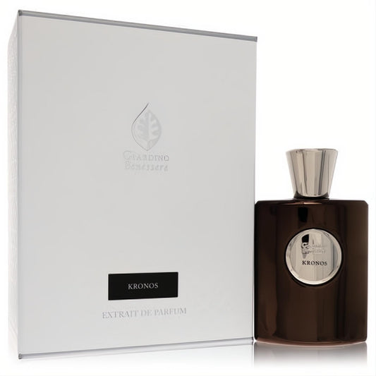 Giardino Benessere Kronos Extrait De Parfum. Sleek dark brown bottle, silver ribbed cap, elegant white box.