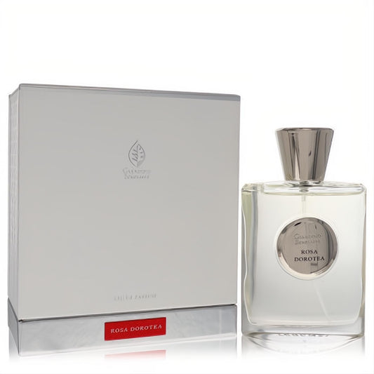 Experience Giardino Benessere Rosa Dorotea 3.4 oz unisex EDP. Clear glass bottle, sleek silver cap, and elegant metallic box.