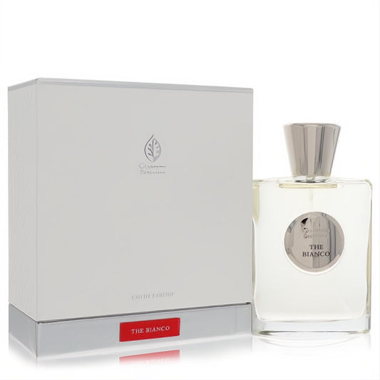 Luxurious Giardino Benessere The Bianco 3.4 oz unisex perfume. Clear glass bottle, sleek silver cap, elegant white box.