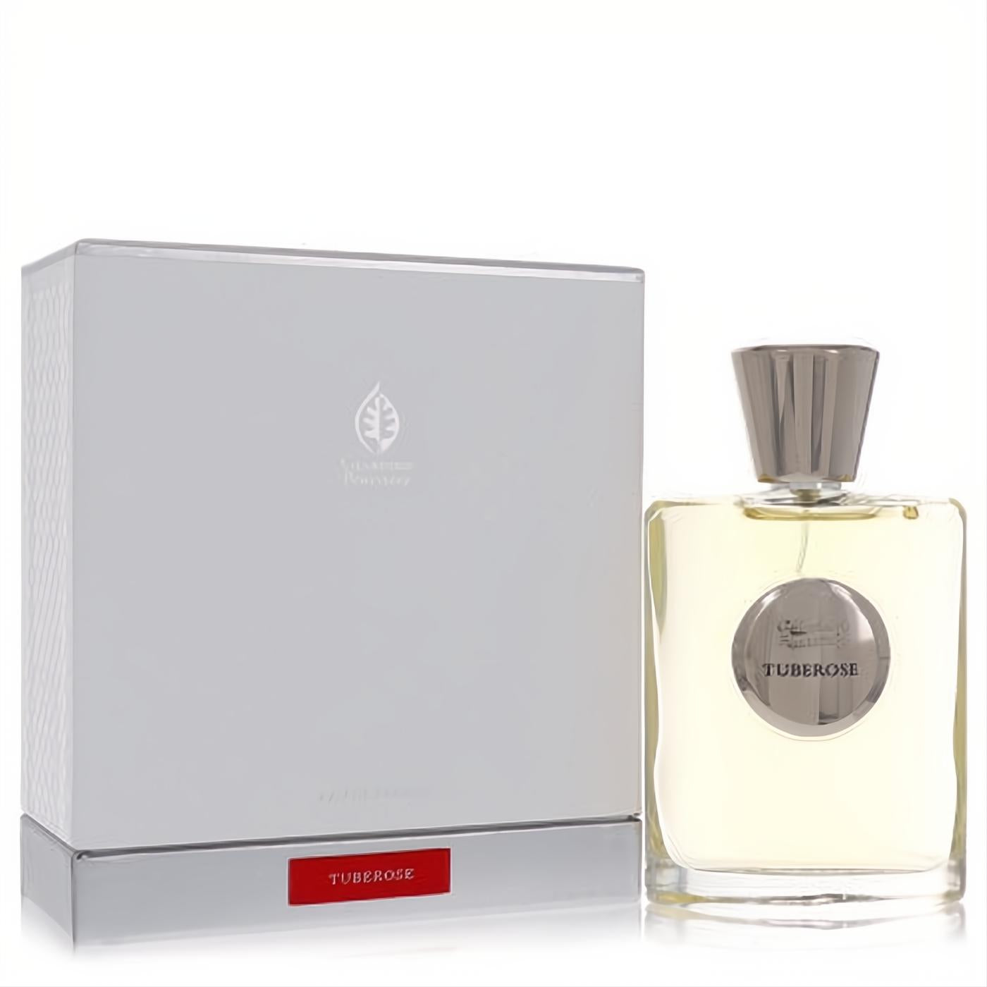 Elegant Giardino Benessere Tuberose 3.4 oz unisex EDP. Clear bottle with golden liquid, fluted silver cap, and sophisticated white box.